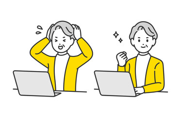 パソコンを見て焦る･ガッツポーズをするシニア女性･高齢者のセット【人物ベクターイラスト素材】