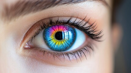 Obraz premium Close-up View of an Eye with Vibrant and Colorful Iris Displaying Shades of Blue, Purple, Pink, and Yellow for Abstract or Artistic Representation