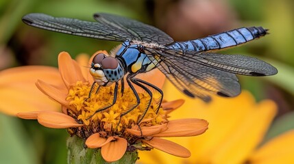 Blue dragonfly feeding on orange flower in garden, blurred background.