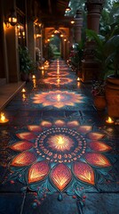 Obraz premium Vibrant Diwali Scene with Diyas and Rangoli