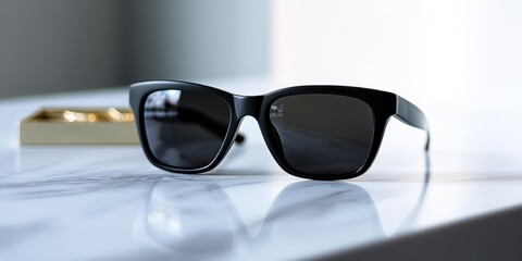 Glossy Black Wayfarer Sunglasses Resting on Elegant Marble Surface