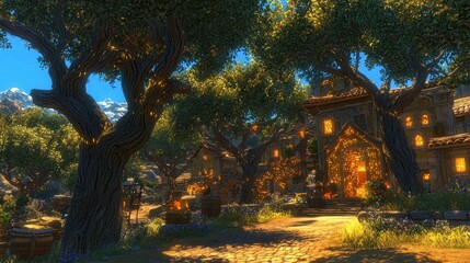 Fototapeta premium A serene forest illuminated by bioluminescent trees with glowing trunks and radiant leaves. A golden path winds through the woods, leading to an ancient glowing temple hidden among the foliage. 