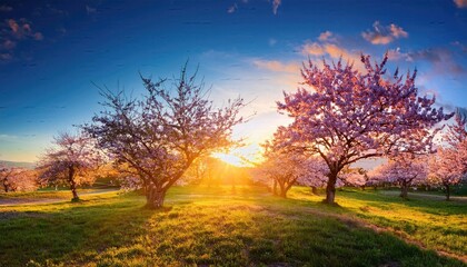 Blooming Trees, sunset in the mountains, Nature's Beauty, Blooming Trees and Sunset Glow