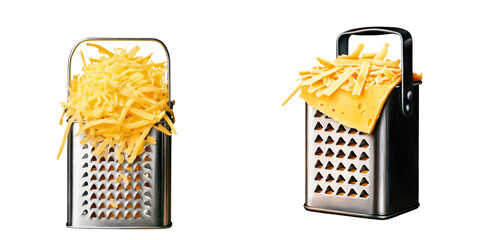 Grated cheese in kitchen grater, showcasing delicious texture and color. Perfect for cooking