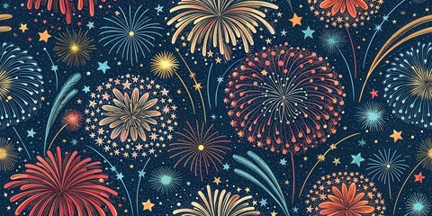 Spectacular nighttime fireworks display with vibrant colors and starry sky background