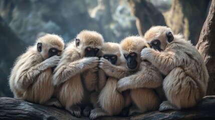 Fototapeta premium Five gibbons sitting closely together, showcasing their social bond in a serene environment.