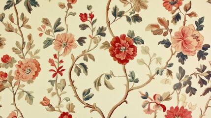 Floral wallpaper design featuring intricate patterns of roses and leaves.