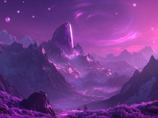 A serene valley bathed in the glow of radiant wildflowers under a swirling aurora. A glowing crystal monolith stands in the distance, surrounded by floating orbs of light and mystical energy. 