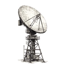 Hand-drawn illustration of a large satellite dish antenna on a metal tower against a white background.
