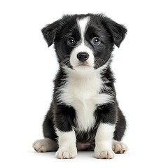 Fototapeta premium Adorable black and white puppy sitting, studio shot, white background, pet adoption.