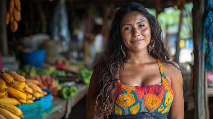 Fototapeta premium Portrait of a smiling young woman at a market, showcasing vibrant clothing and tropical fruits.