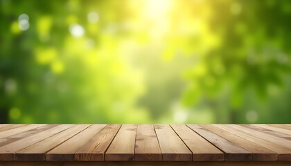 Wooden table in nature with a grassy background during a sunny day