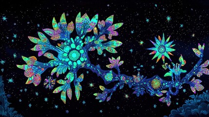 Obraz premium Intricate Neuron Illuminated in Colors Symbolizing Neurotoxicity Against a Starry Universe
