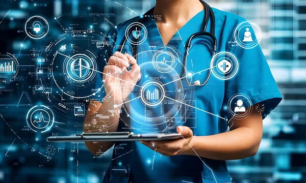A healthcare professional in scrubs holds a tablet, surrounded by digital health icons and data, symbolizing the integration of technology in medical practice.