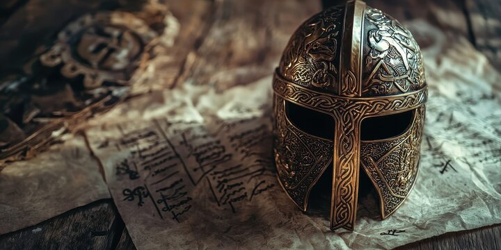 Intricate Viking Helmet Displaying Engravings and Embellishments on Rustic Table - Powered by Adobe
