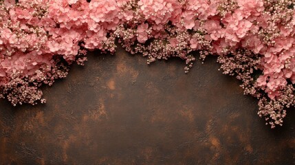 Naklejka premium Beautiful Arrangement of Pink Hydrangea Flowers with Delicate Greenery Against a Rustic Brown Background Ideal for Spring and Floral Design Projects