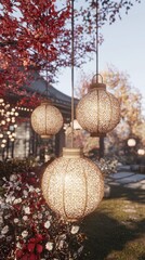 Obraz premium A tranquil canyon where glowing rivers of liquid light flow through the rock formations. Floating lanterns drift through the air, and the canyon walls shimmer with bioluminescent moss and radiant 