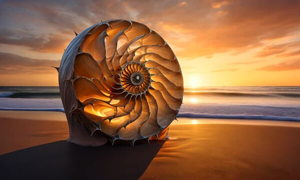 A large nautilus shell sits on a sandy beach at sunset, illuminated by warm light, creating a serene and captivating atmosphere. Waves gently lap at the shore in the background.