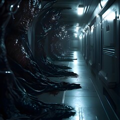 A dark, eerie corridor with organic, slimy growths along the walls, evoking a horror atmosphere.