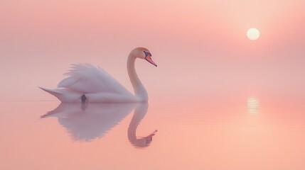 Fototapeta premium Serene swan glides on calm water at sunrise, reflected in pink mist.