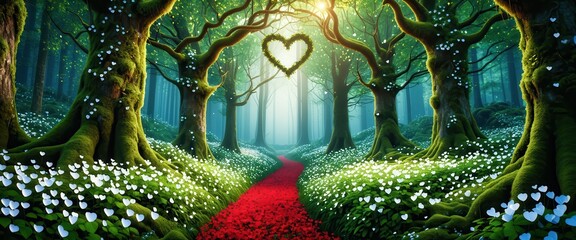 Fototapeta premium Enchanting forest pathway with heart-shaped canopy and carpet of red leaves