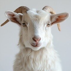 Fototapeta premium White goat portrait, studio shot, neutral background, farm animal.