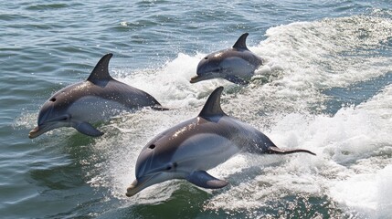 Fototapeta premium Three dolphins leaping out of the water, showcasing their agility and playfulness.