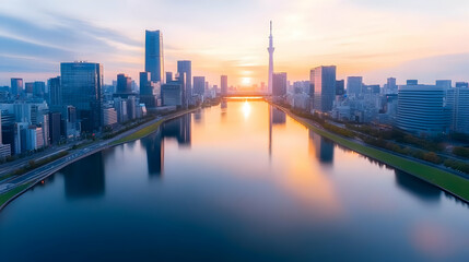 Fototapeta premium Nighttime city traffic on a busy road with skyscrapers and cars in a bustling downtown area