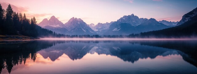 A stunning view of a majestic mountain range reflected in a crystal-clear alpine lake at dawn, with a soft mist rising from the water, Alpine dawn scene
