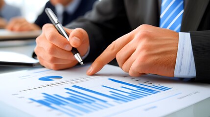 Fototapeta premium Close-up of businessman's hands reviewing financial charts and graphs. He's using a pen to point at key data, indicating analysis and decision-making.