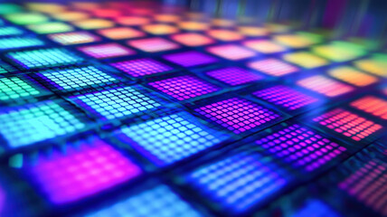 A futuristic heatmap with glowing, gradient-filled squares dynamically arranged on a polished holographic grid, creating a high-tech, data-driven visualization with vibrant colors