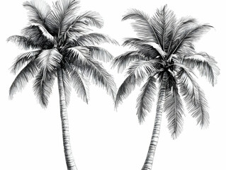 Detailed pencil sketch of two palm trees isolated on white background.