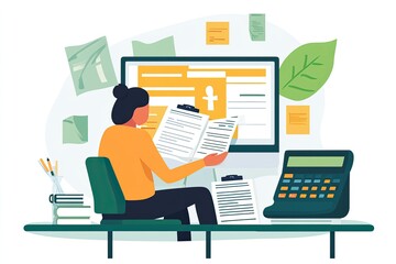 A person reviewing documents at a desk with a computer and office supplies.