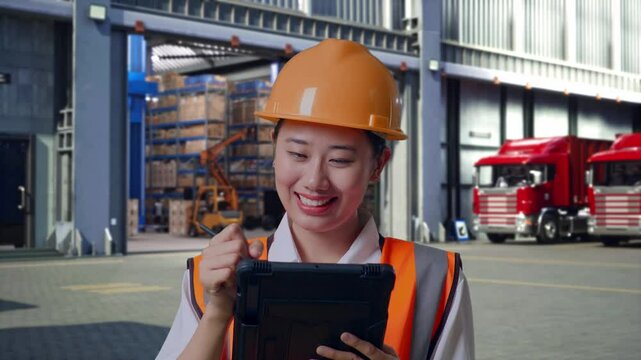 Close Up Of Asian Female Engineer With Safety Helmet Taking Note On The Tablet And Looking Around, Outside of Logistics Distributions Warehouse