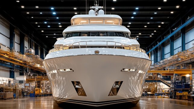 Luxury Yacht Under Construction in a Modern Shipbuilding Facility with Industrial Equipment and Spacious Warehouse Environment for Marine Industry Projects