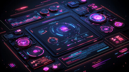 Futuristic HUD interface with glowing elements and data visualizations.