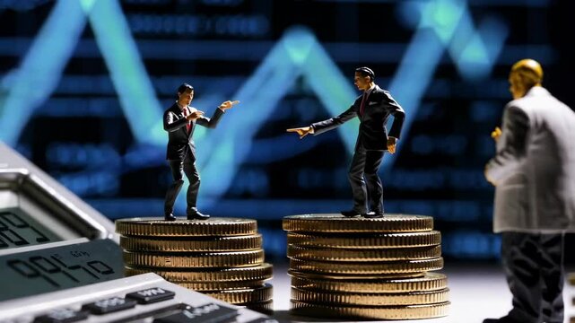 Business Figures Negotiating on Stacks of Coins - Professional Shot