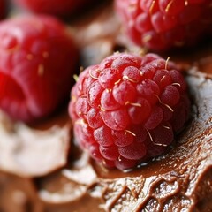 A close-up of fresh raspberries atop a rich chocolate dessert, highlighting their vibrant color.