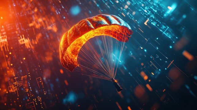 Dynamic parachuting action amidst futuristic city lights digital landscape vibrant environment