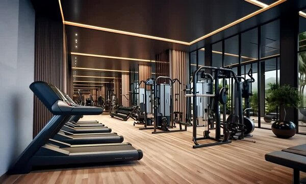 A modern gym interior featuring sleek equipment, wooden flooring, and large windows that provide natural light, creating an inviting space for fitness and wellness activities.