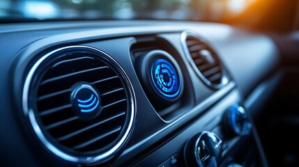 Modern car interior details. Close up view of the air conditioning system.