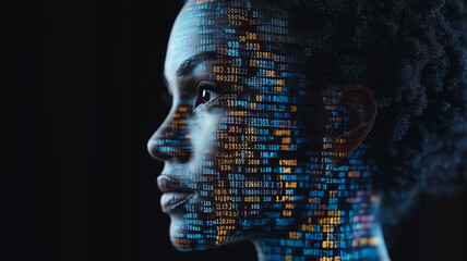 Codex Face:  A striking profile portrait of a young woman, her face subtly overlaid with lines of code, symbolizing the intersection of human intelligence and digital technology.