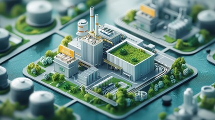 A city with a large factory in the middle