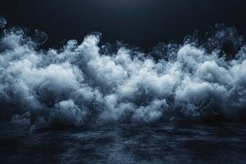 Fototapeta premium White smoke cloud covering dark studio floor with hazy background