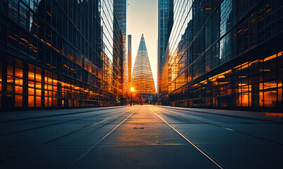 In the evening, the city streets and squares, with skyscrapers on both sides
