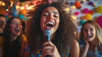 An engaging image of a group of friends using a microphone for karaoke night at home, with joyful expressions and colorful decorations in the background, capturing fun and togetherness.