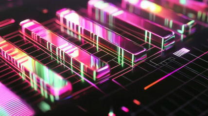 A futuristic holographic bar chart with transparent, glowing neon bars. Set against a sleek digital interface with abstract motion lines and grid patterns, creating a high-tech, data-driven visualizat