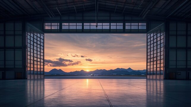 An empty airplane hangar with massive open doors revealing a breathtaking sunset sky and distant mountain silhouettes