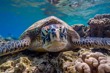 Fototapeta premium A friendly turtle peeking out from its shell