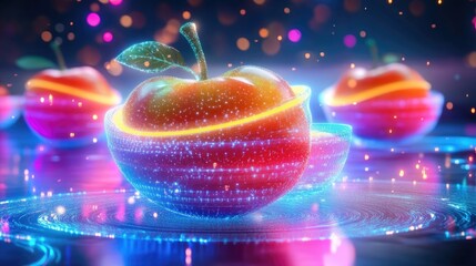 Neon-Lit Fruit with Digital Augmented Reality Patterns - obrazy, fototapety, plakaty